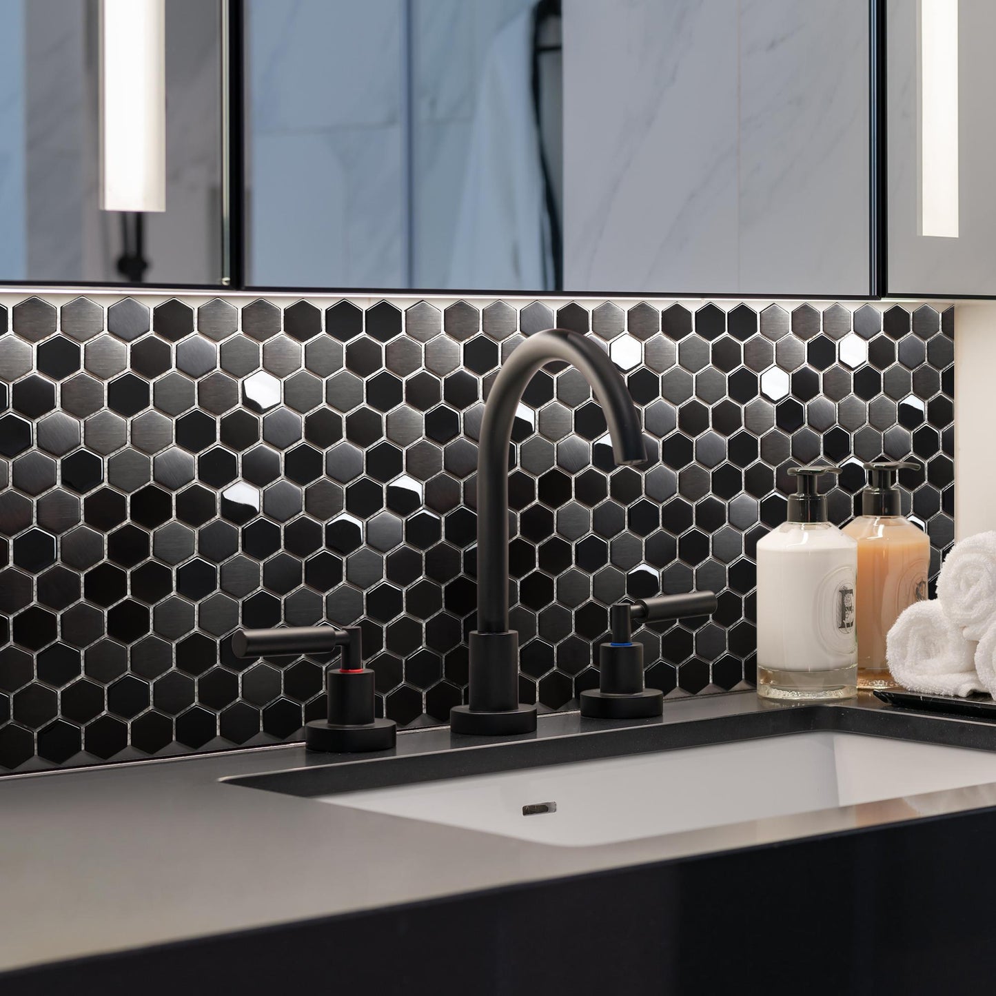 Black Metallic Hexagon Honeycomb Backsplash Tile for Kitchen Bathroom Accent Wall (Pack of 5)