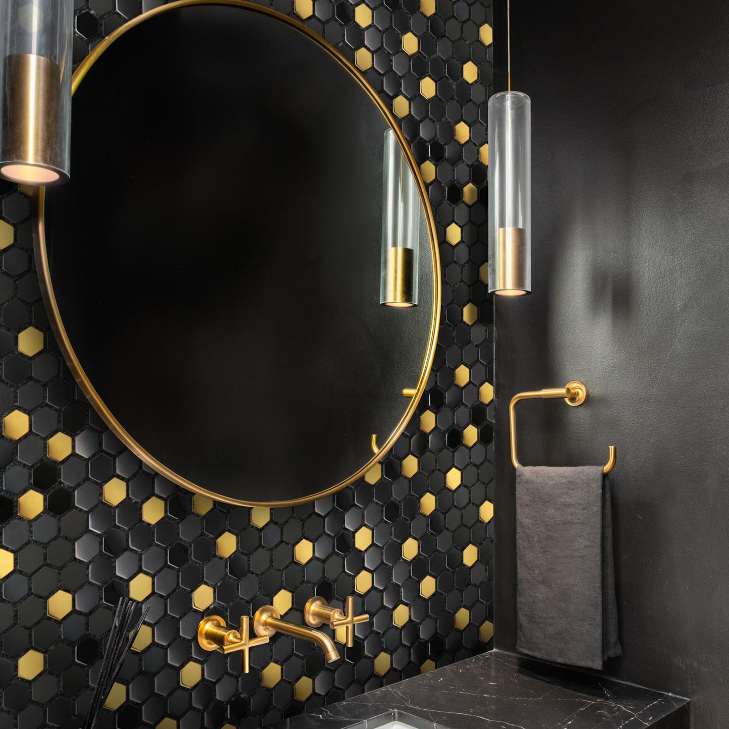 Black and Gold Backsplash Wall Tiles Hexagon Mosaic Shower Floor Tile Kitchen Bathroom Tile(Pack of 5)