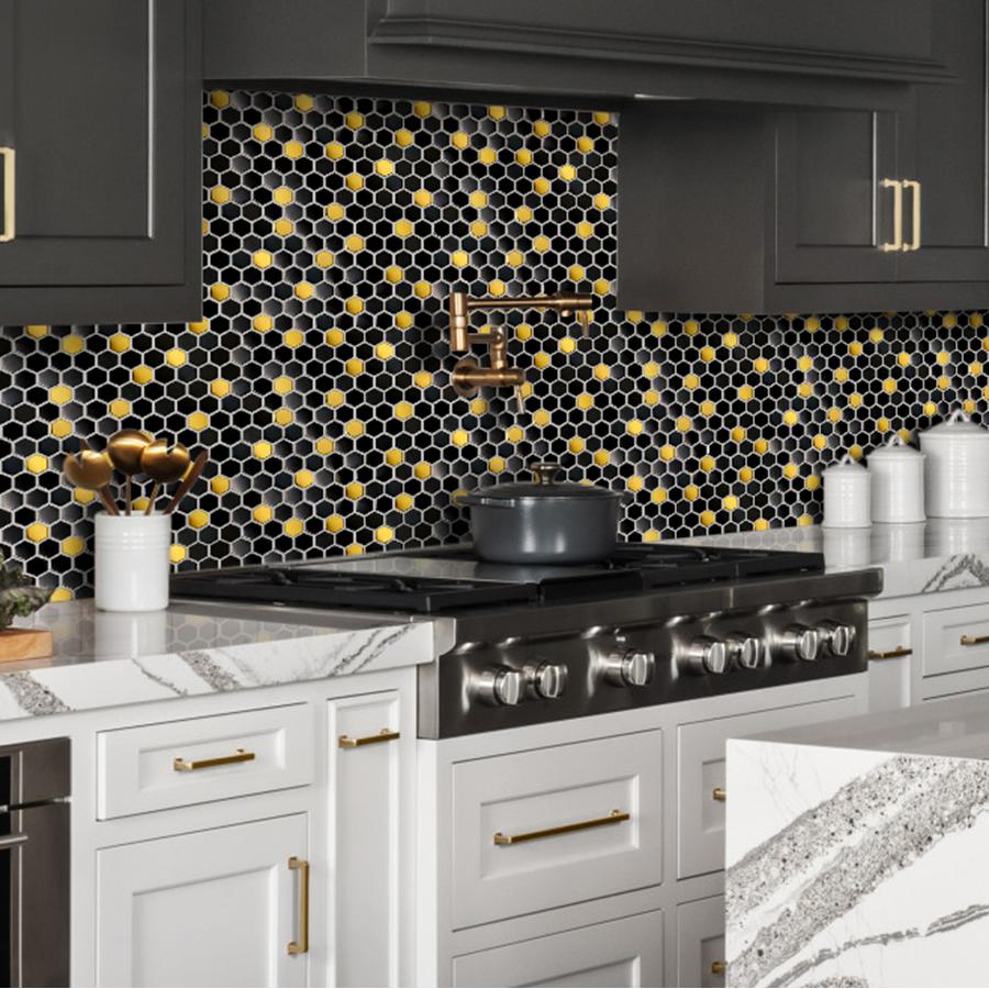 Black and Gold Backsplash Wall Tiles Hexagon Mosaic Shower Floor Tile Kitchen Bathroom Tile(Pack of 5)
