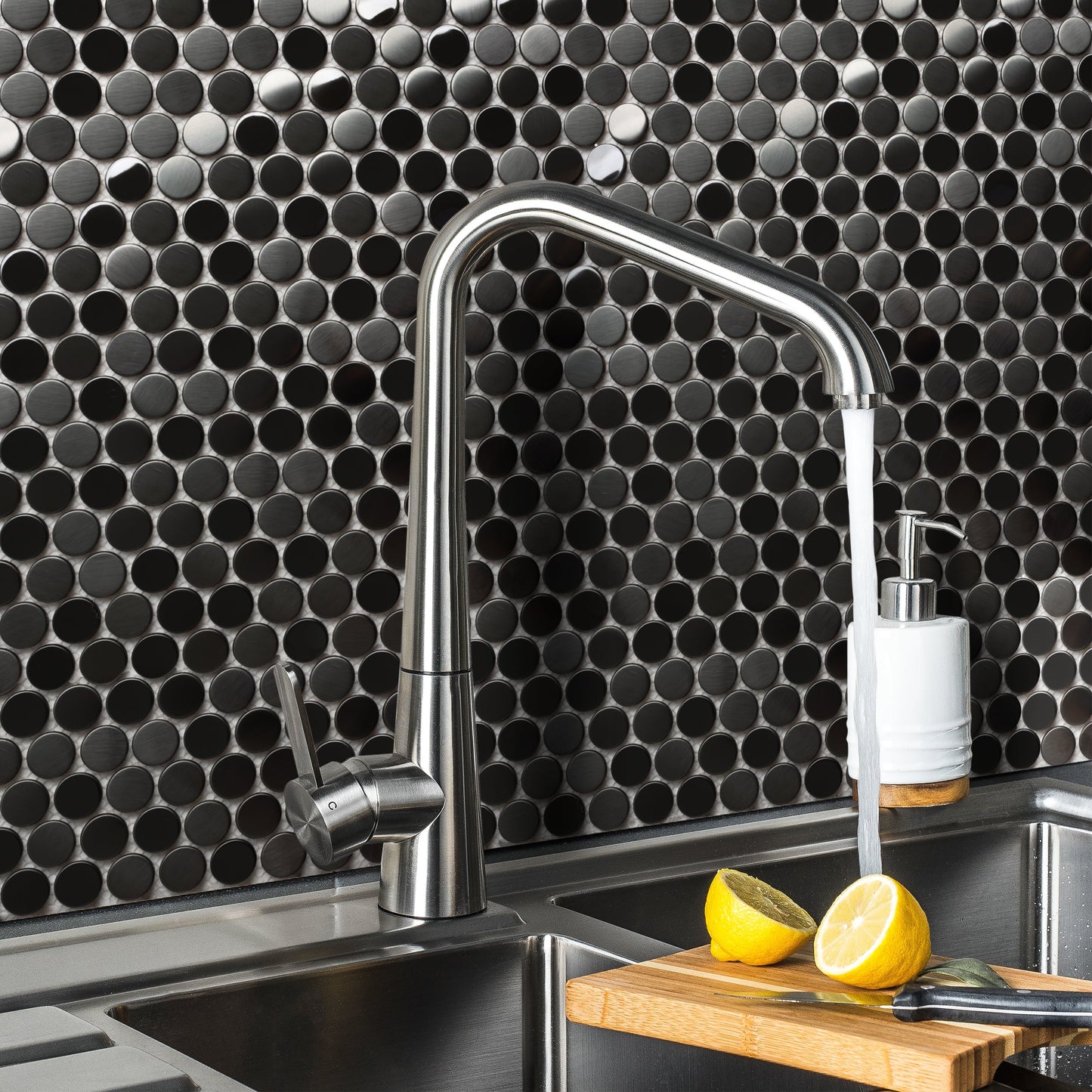 Black Metallic Penny Round Backsplash Tile for Kitchen Bathroom Accent Wall (Pack of 5)