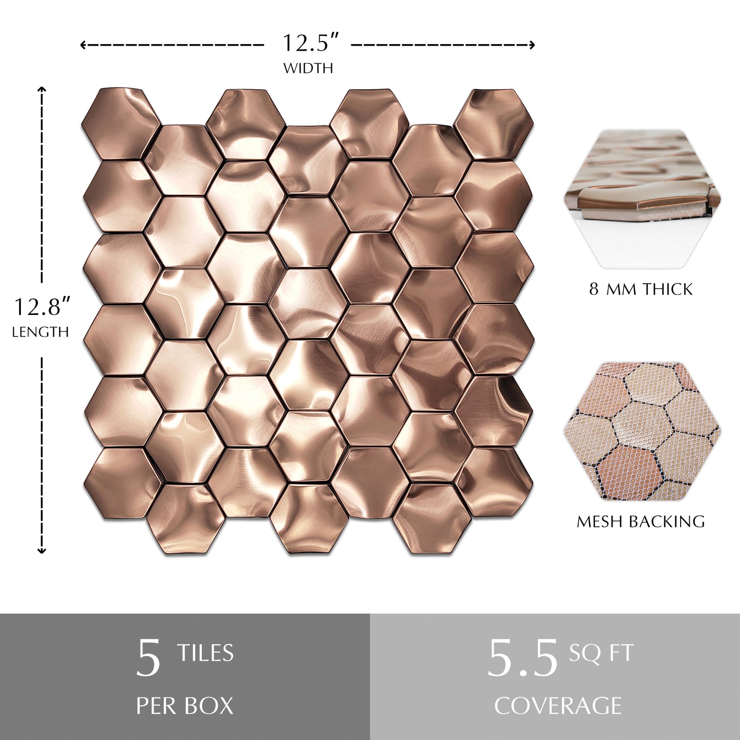 Hexagon 3D Wall Panels Bathroom Backsplash Tile Copper Metal Wall Mosaic Tiles (Pack of 5)