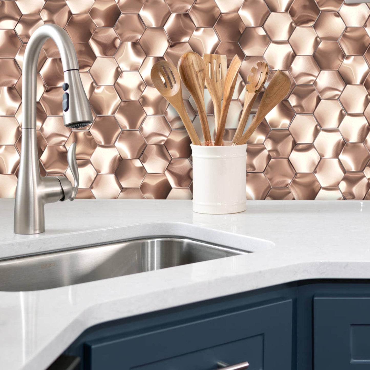 Hexagon 3D Wall Panels Bathroom Backsplash Tile Copper Metal Wall Mosaic Tiles (Pack of 5)