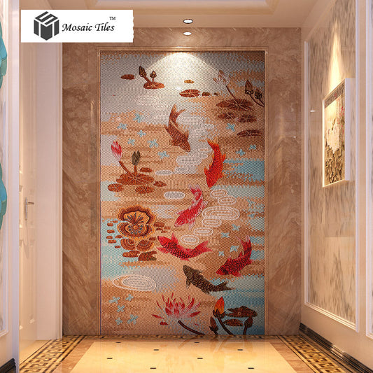 TST Mosaic Mural Red Goldfish Lotus Pond Crystal Glass Picture Wall Design