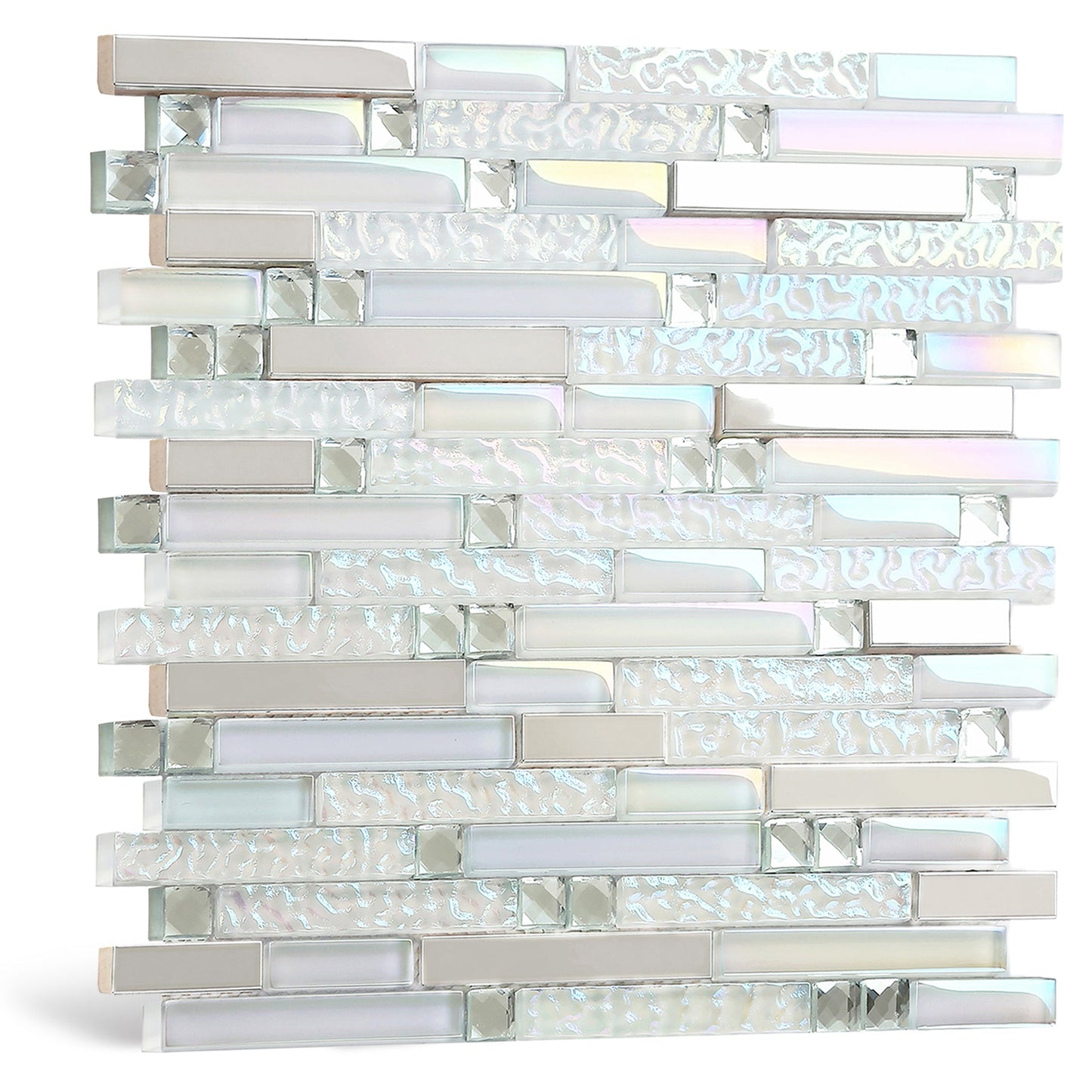 Glass Metal Tile Iridescent White Glass Silver Chrome Stainless Steel Interlocking Mosaic(Pack of 5)