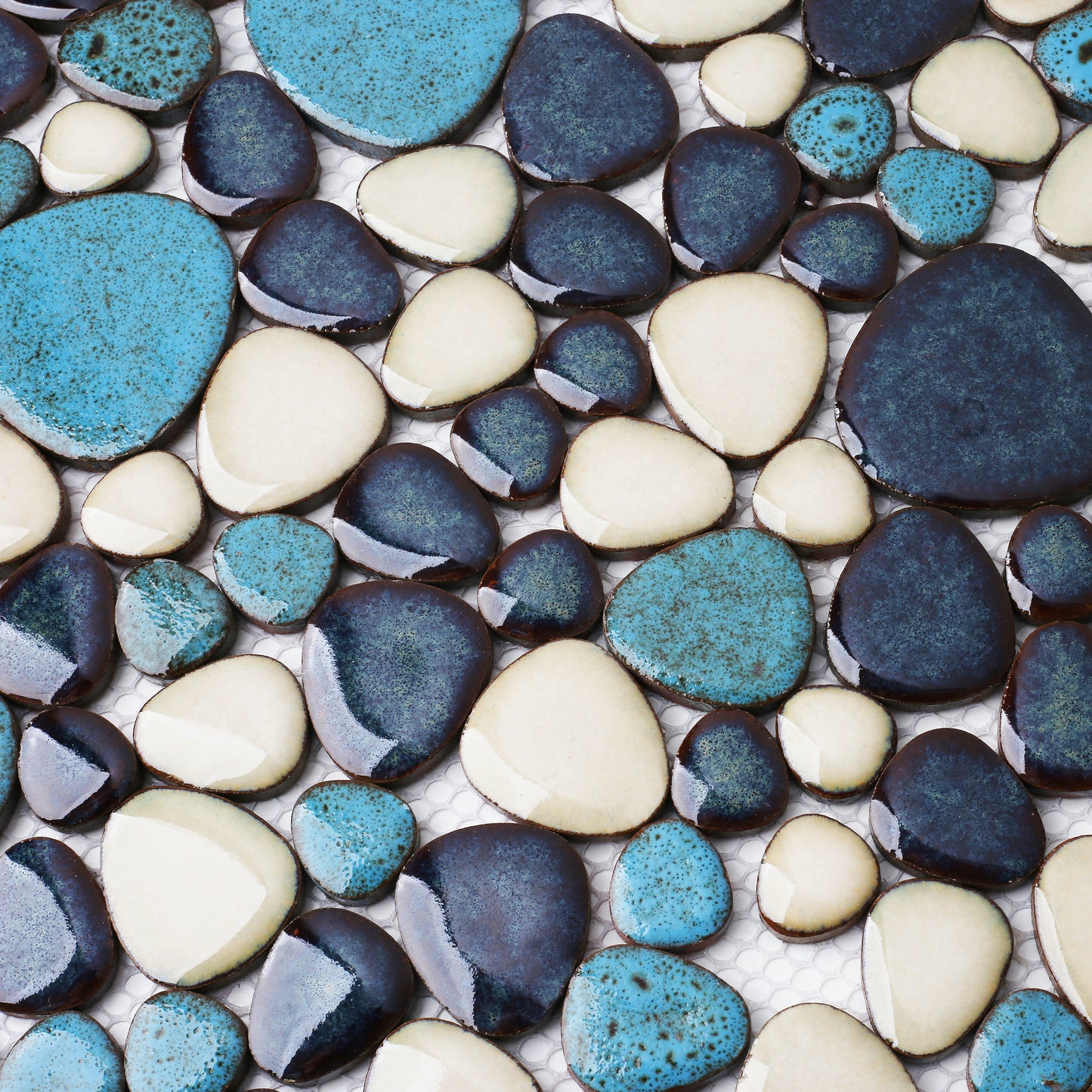 Pebble Mosaic Tile, Aqua Teal Blue Mosaic Tiles Mesh Mounted, Waterproof Ceramic Tile Flooring for Kitchen Bathroom Backsplash Shower Floor Pool (Pack of 5)