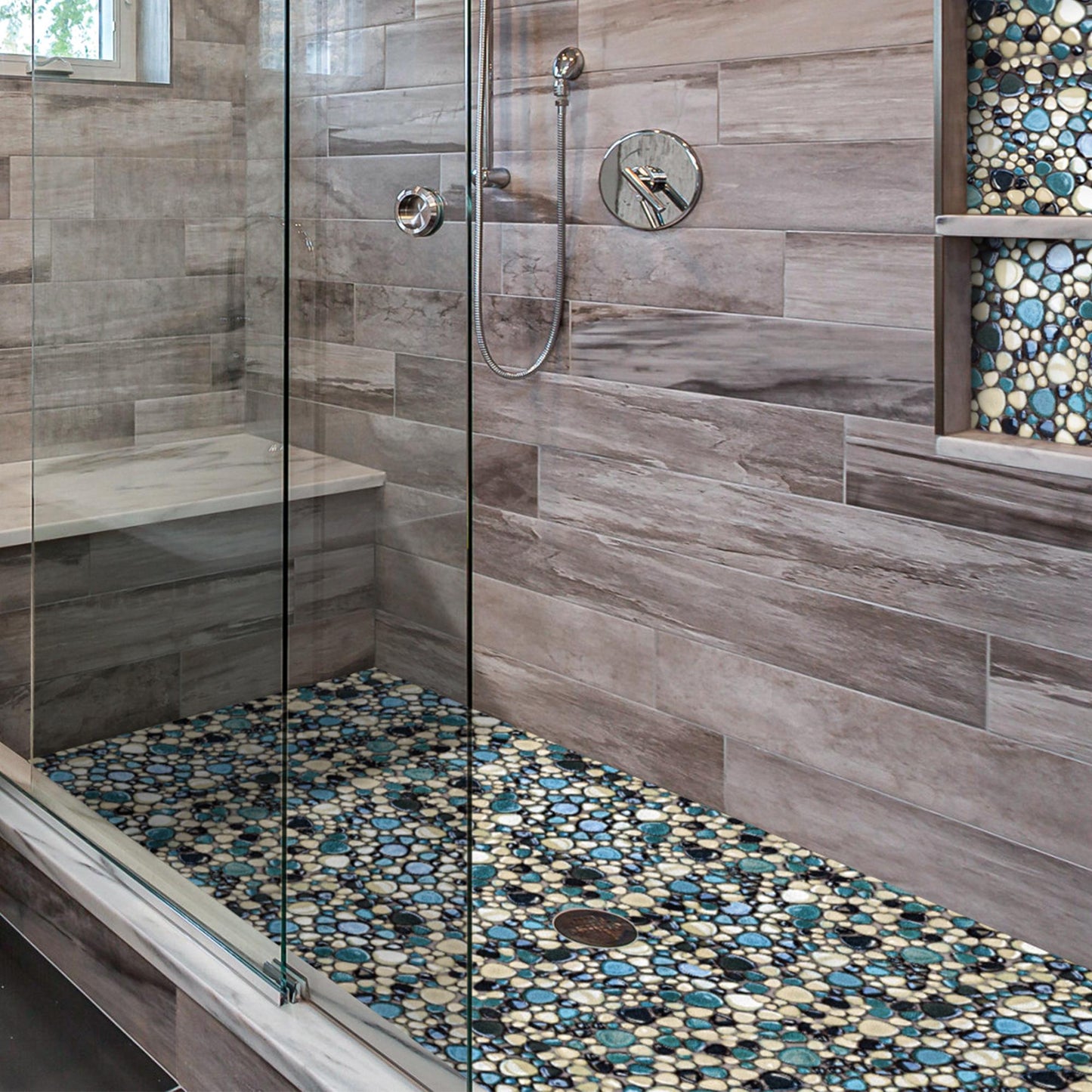Pebble Mosaic Tile, Aqua Teal Blue Mosaic Tiles Mesh Mounted, Waterproof Ceramic Tile Flooring for Kitchen Bathroom Backsplash Shower Floor Pool (Pack of 5)