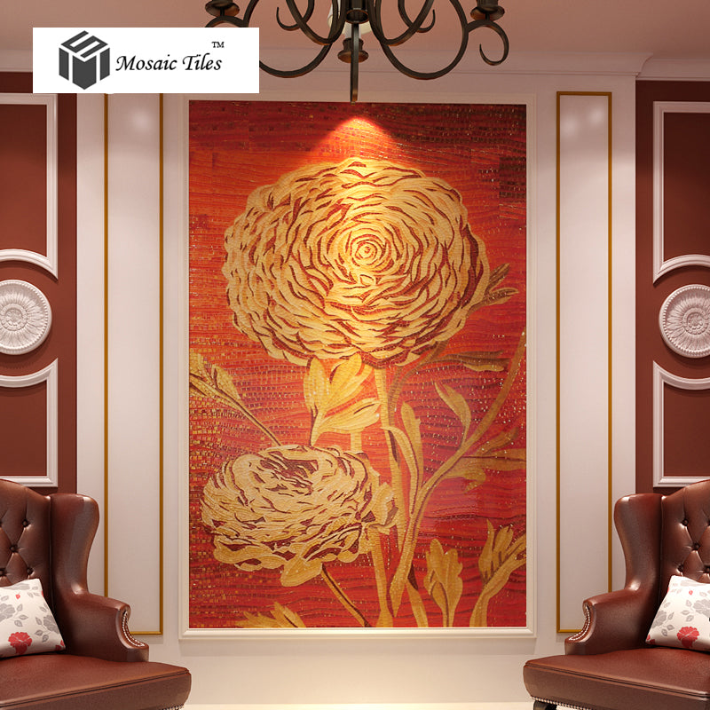 TST Mosaic Mural Red & Golden Big Flower Sketch Unique Art Design Crystal Glass Mosaics