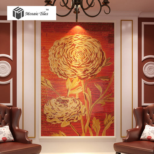TST Mosaic Mural Red & Golden Big Flower Sketch Unique Art Design Crystal Glass Mosaics
