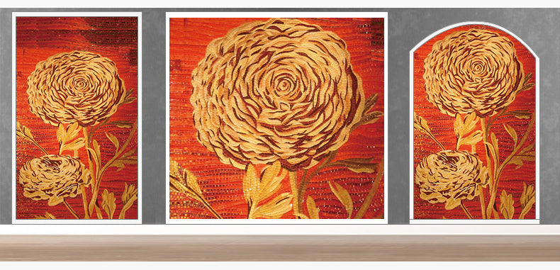 TST Mosaic Mural Red & Golden Big Flower Sketch Unique Art Design Crystal Glass Mosaics