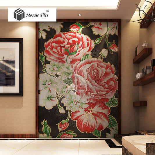 TST Mosaic Mural Red Peony Flower Blossom Handcraft Home Art Wall