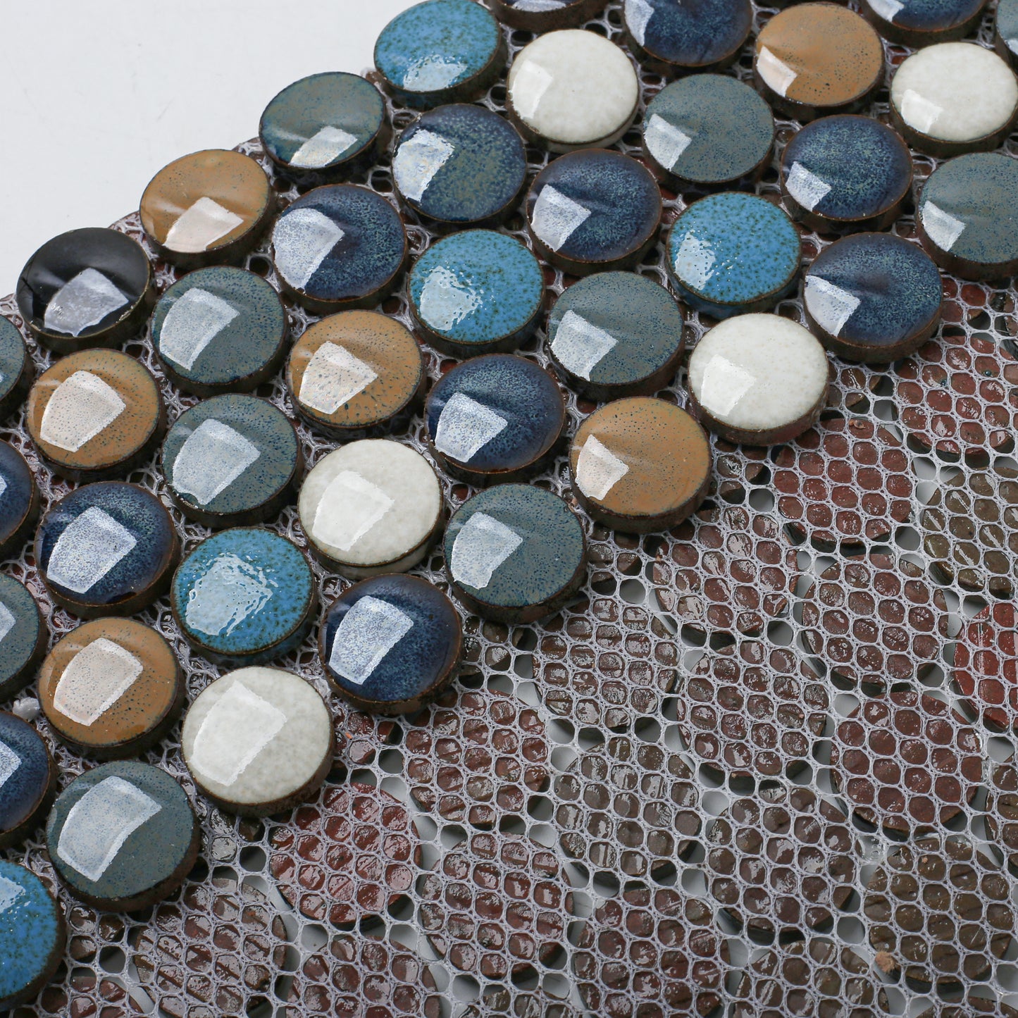 Penny Round Ceramic Mosaic Tile Sheets Cobalt Blue/Gray/Brown Tiles for Wall Backsplash Accents, Bathroom Floor (Pack of 5)
