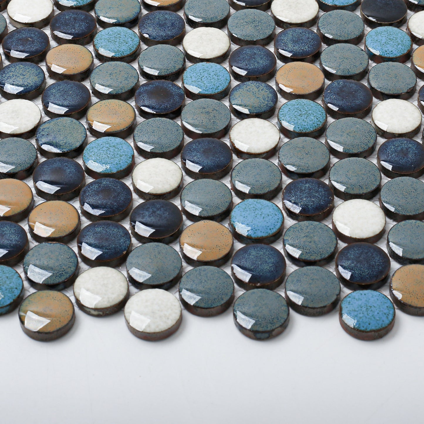 Penny Round Ceramic Mosaic Tile Sheets Cobalt Blue/Gray/Brown Tiles for Wall Backsplash Accents, Bathroom Floor (Pack of 5)