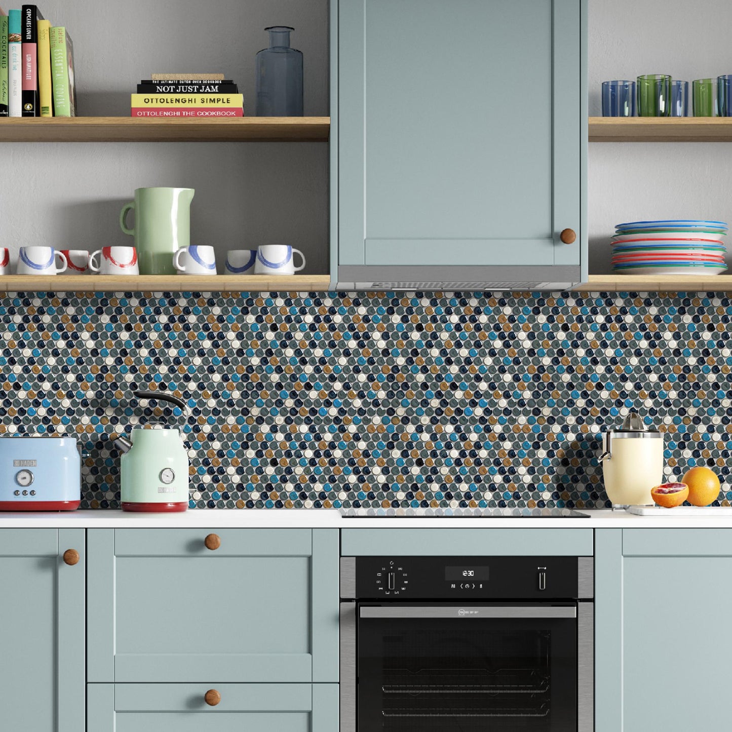 Penny Round Ceramic Mosaic Tile Sheets Cobalt Blue/Gray/Brown Tiles for Wall Backsplash Accents, Bathroom Floor (Pack of 5)