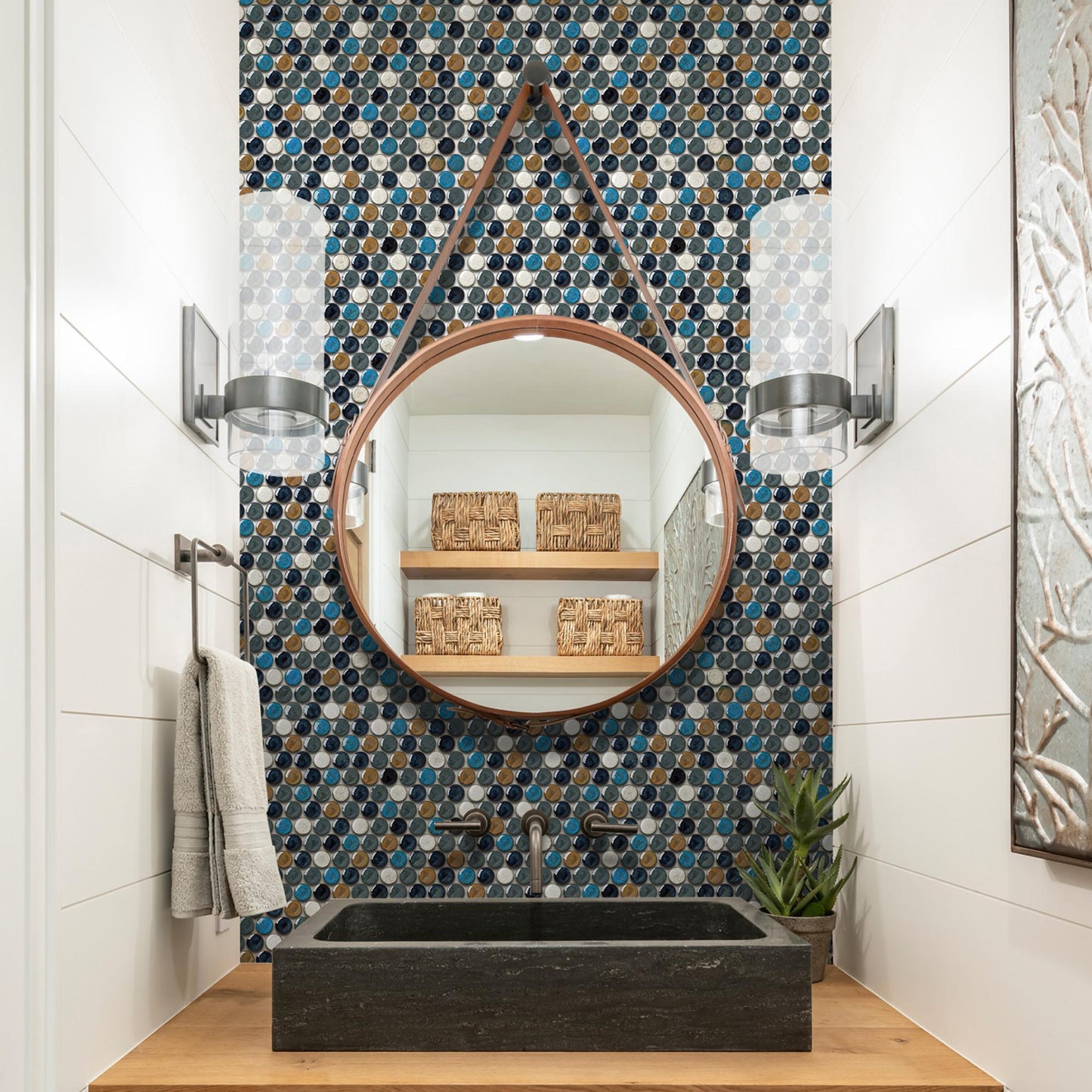 Penny Round Ceramic Mosaic Tile Sheets Cobalt Blue/Gray/Brown Tiles for Wall Backsplash Accents, Bathroom Floor (Pack of 5)