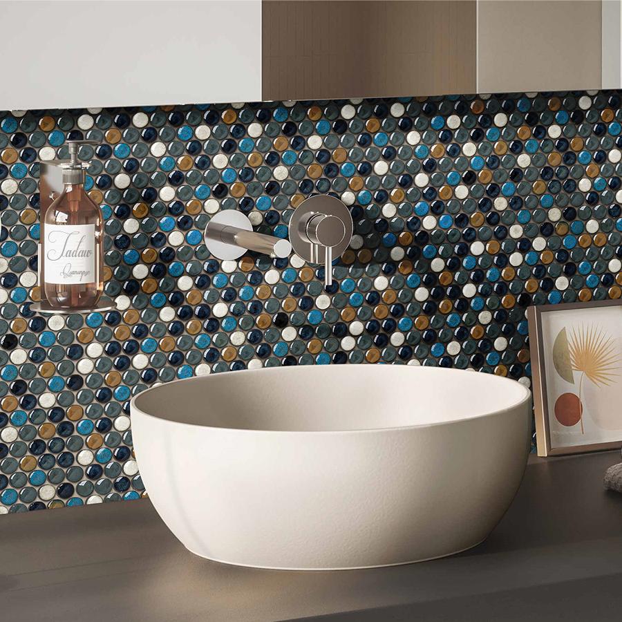 Penny Round Ceramic Mosaic Tile Sheets Cobalt Blue/Gray/Brown Tiles for Wall Backsplash Accents, Bathroom Floor (Pack of 5)