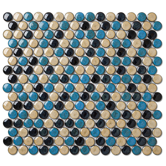 Porcelain Penny Tiles Aqua Beige Round Mosaic Tile for Bathroom Floor, Kitchen Backsplash, Wall Accents (Pack of 5)