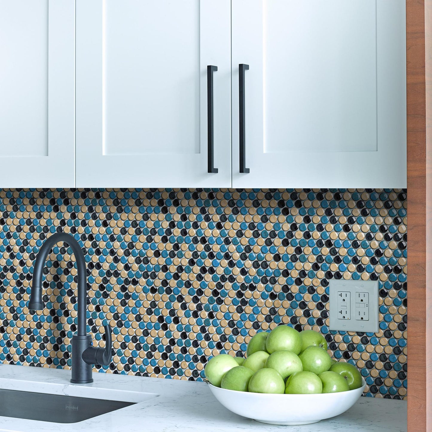 Porcelain Penny Tiles Aqua Beige Round Mosaic Tile for Bathroom Floor, Kitchen Backsplash, Wall Accents (Pack of 5)