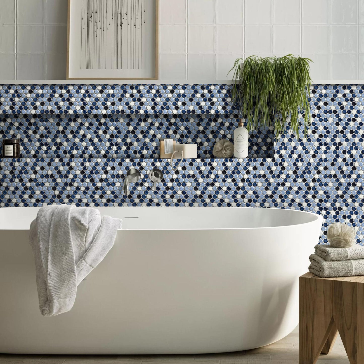 Penny Round Tile Navy Blue White Mosaic Tiles for Kitchen Wall Backsplash, Bathroom Floor, Accent Wall (Pack of 5)