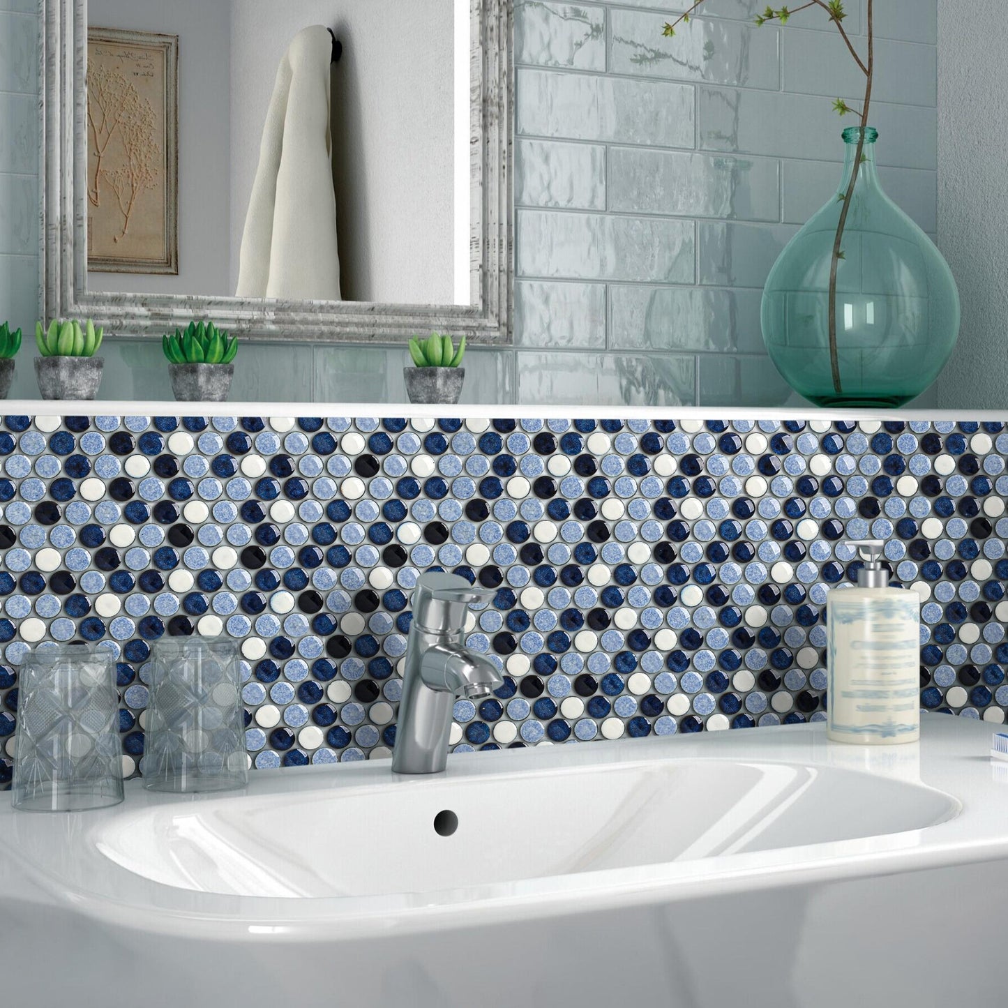 Penny Round Tile Navy Blue White Mosaic Tiles for Kitchen Wall Backsplash, Bathroom Floor, Accent Wall (Pack of 5)