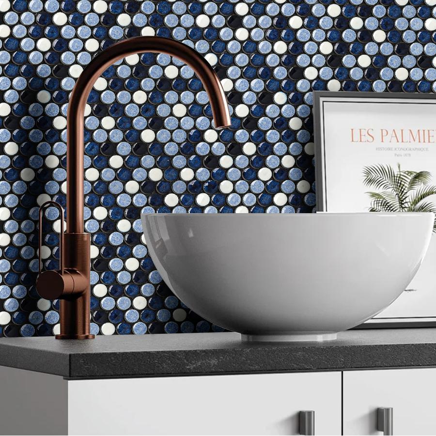 Penny Round Tile Navy Blue White Mosaic Tiles for Kitchen Wall Backsplash, Bathroom Floor, Accent Wall (Pack of 5)