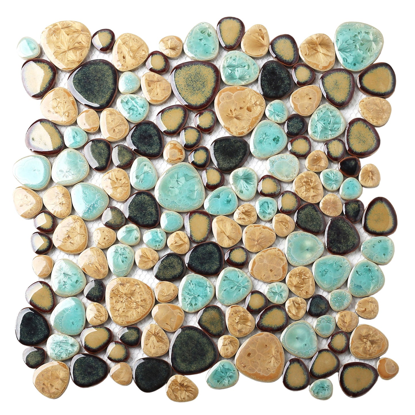 Porcelain Pebbles Beautiful Fambe Bathroom Floor Turquoise Beige Mosaic Tiles Wall Deco (Pack of 5)