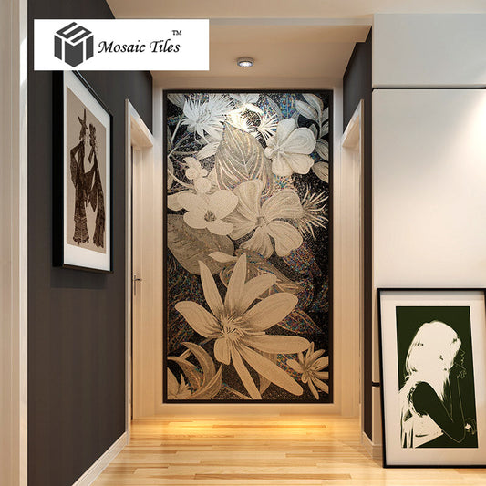 TST Mosaic Murals Black & White Flower Handcraft Unique Art Home Hotel Wall Deco 