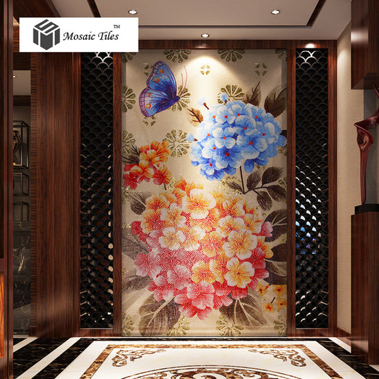 TST Mosaic Mural Blue Red Pink Hydrangea Flower Butterfly Hotel Studio Wall Deco 