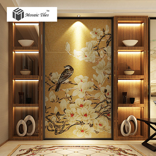 TST Mosaic Mural Yellow White Flower Birds Handcraft Customized Art Wall
