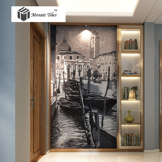 TST Mosaic Murals Parquet Famous Painting Venice Beautiful City Water Boat Black & White