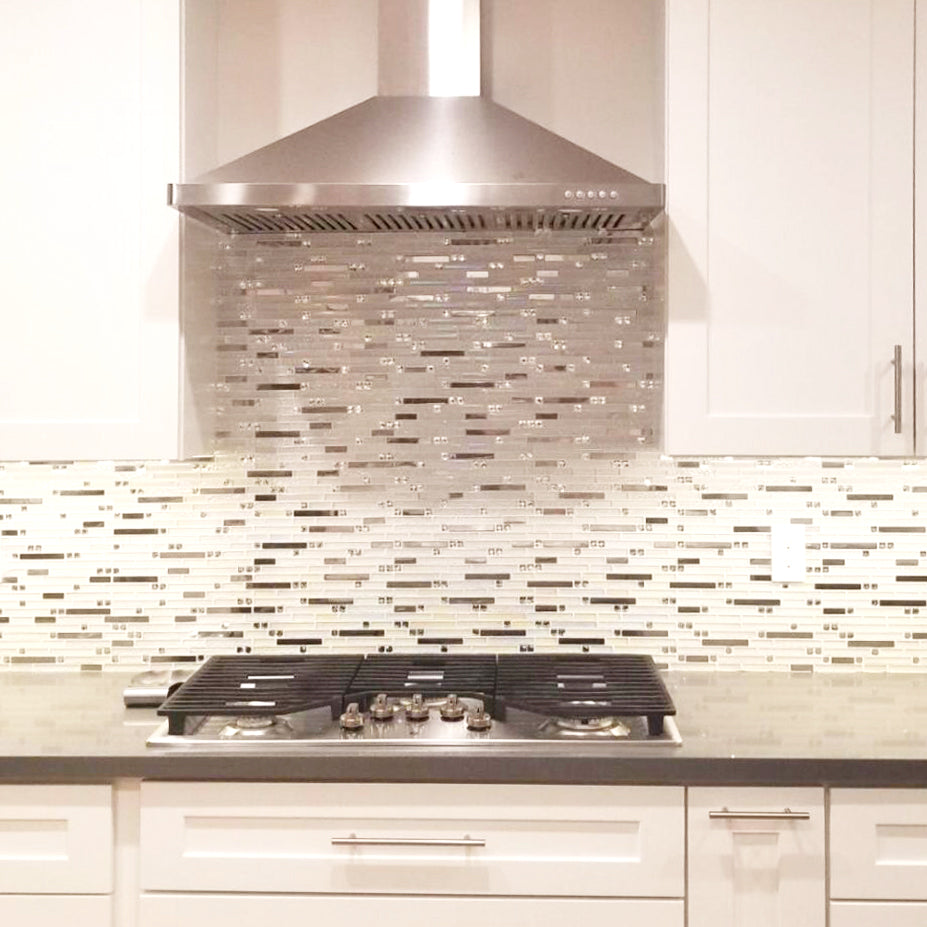 Glass Metal Tile Iridescent White Glass Silver Chrome Stainless Steel Interlocking Mosaic(Pack of 5)