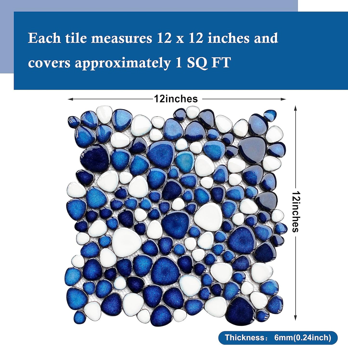 Pebble Ceramic Tiles Heart-Shaped 12x12 Floor Tile Ceramic, Dark Blue Mosaic Tiles Mesh Mounted, Waterproof Porcelain Tile Decorative for Kitchen Bath Backsplash Shower Floor Pool (Pack of 5)
