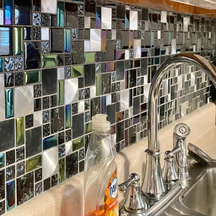 Black Iridescent Wall Backsplash Tile for Kitchen Bathroom Shower Accents Walls (Pack of 5)